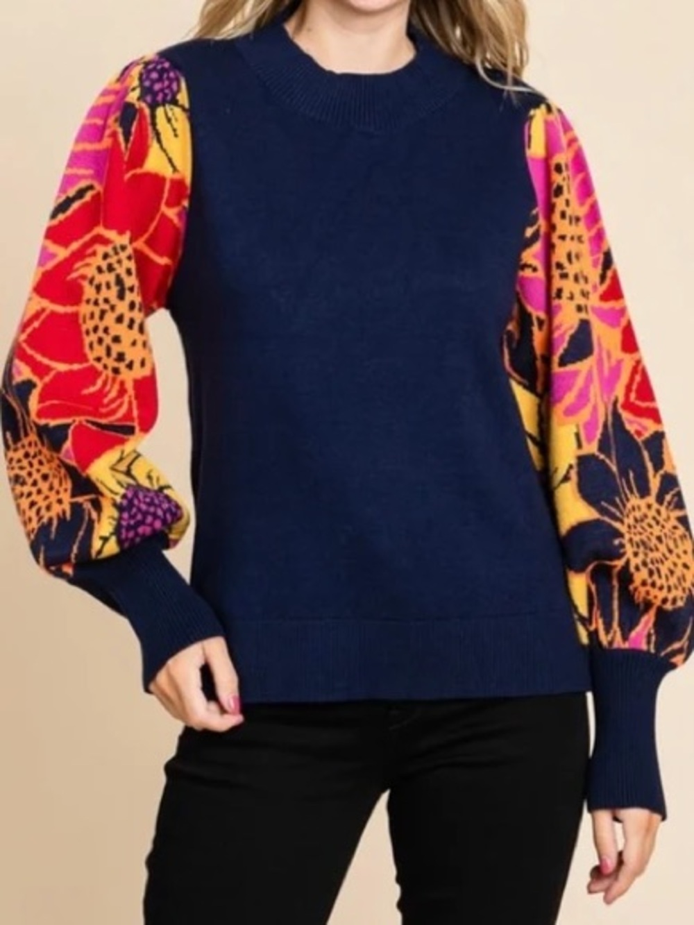 JODIFL Navy Crewneck Sweater with Vibrant Floral Balloon Sleeves